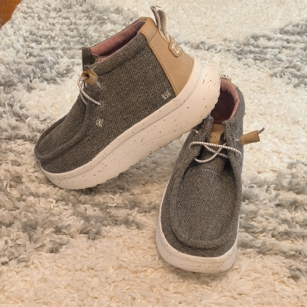 Gray and Tan platform Hey Dude slip on